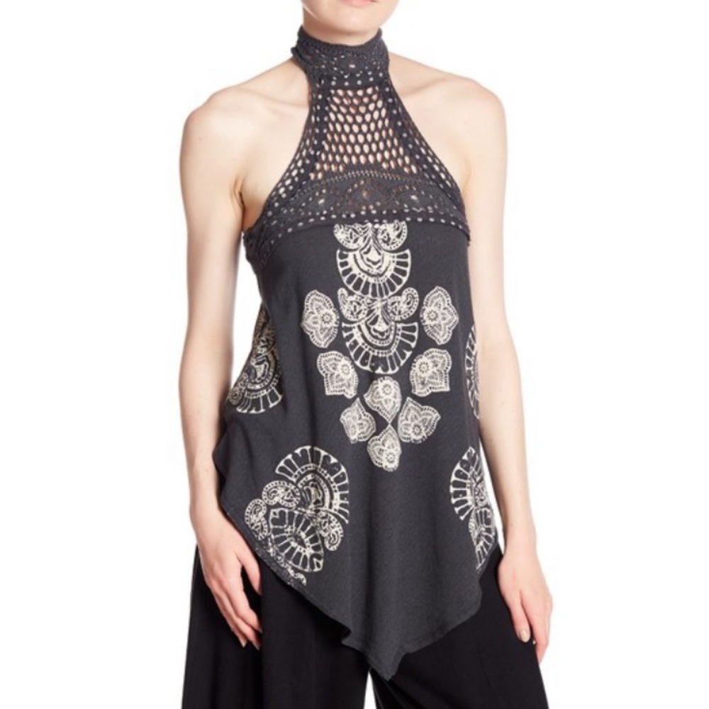 Free People Black Crochet Halter Tank with Cream Medallion Print